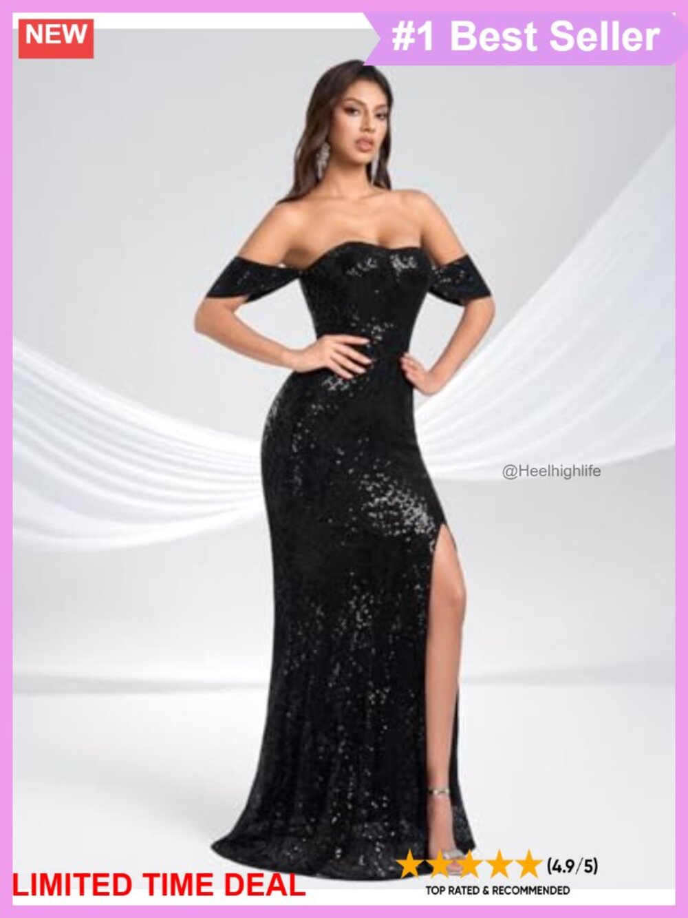 Off the Shoulder Sequin Maxi Prom Dress Side Slit Backless Mermaid Formal - Picture 2 of 6